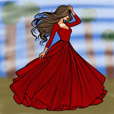 realistic woman with dress flowing in the wind