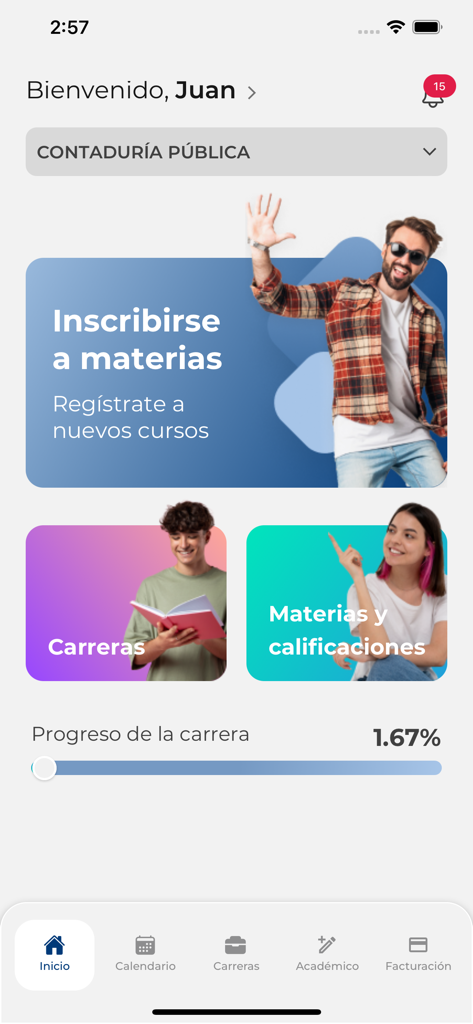 수강 신청 및 학업 진행 상황을 보여주는 UA now 앱 홈 화면