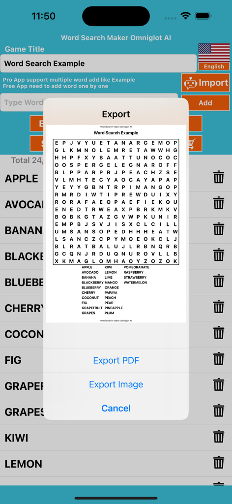 Pantalla de exportación de la aplicación Word Search Maker que muestra opciones de exportación de PDF e imagen para un rompecabezas temático de frutas personalizado