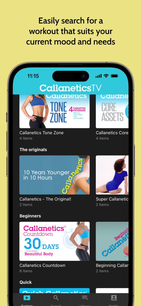 Callanetics TV app interface showing original and beginner low impact workout programs