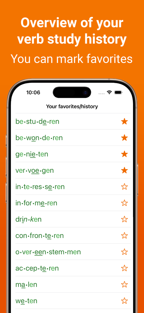 Dutch Verb Conjugations - オランダ語動詞活用アプリのスクリーンショット。お気に入りの動詞のリストと、発音の音節ガイド付きの検索履歴が表示されています。