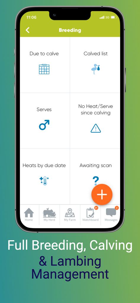 Herdwatch app interface showing breeding calving and lambing management dashboard with categories like calved list and heats by due date