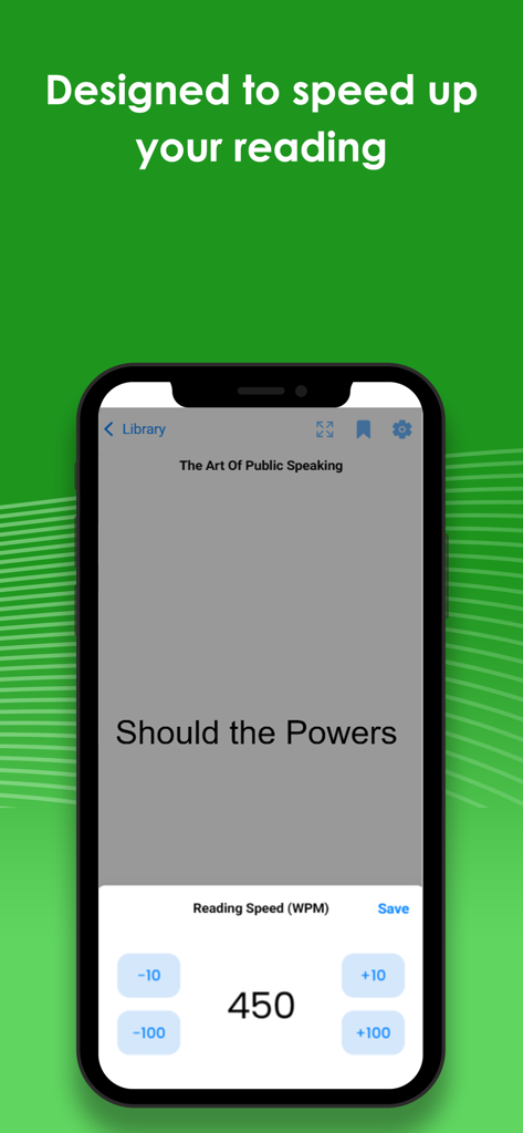 Spreeder - Speed Reading - Spreeder mobile app interface showing a text reader with reading speed set to 450 words per minute