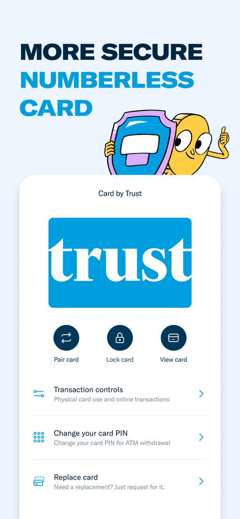 Trust Bank SG - Trust Bank SG app interface displaying numberless card security settings and transaction controls