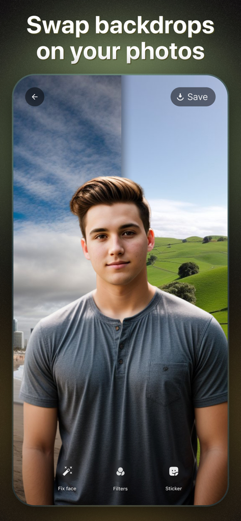 AI Boost app interface demonstrating the backdrop swap feature on a portrait of a young man