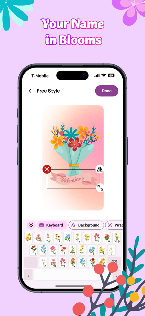 Flower Language Keyboard Color - A mobile phone interface showing the Flower Language Keyboard app where a user is designing a personalized floral bouquet with a name tag using a flower-themed keyboard.