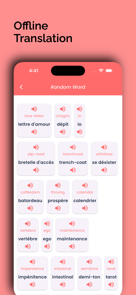 French Translator Offline - 오프라인 학습을 위한 발음 아이콘이 있는 다양한 영어 단어와 프랑스어 번역을 표시하는 모바일 앱 화면