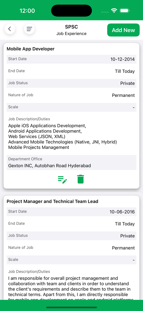 SPSC - Schermata dell'app mobile SPSC che mostra le informazioni sull'esperienza lavorativa professionale e i dettagli della storia lavorativa