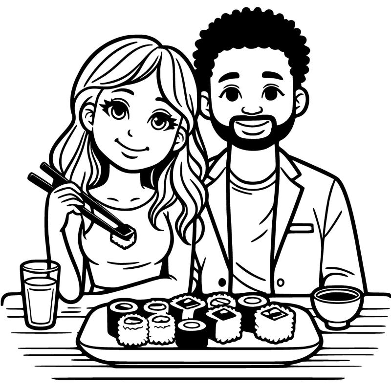 women eating sushi with husband