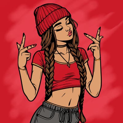realistic teenage girl with braids and a beanie and crop top doing 🫶🏼