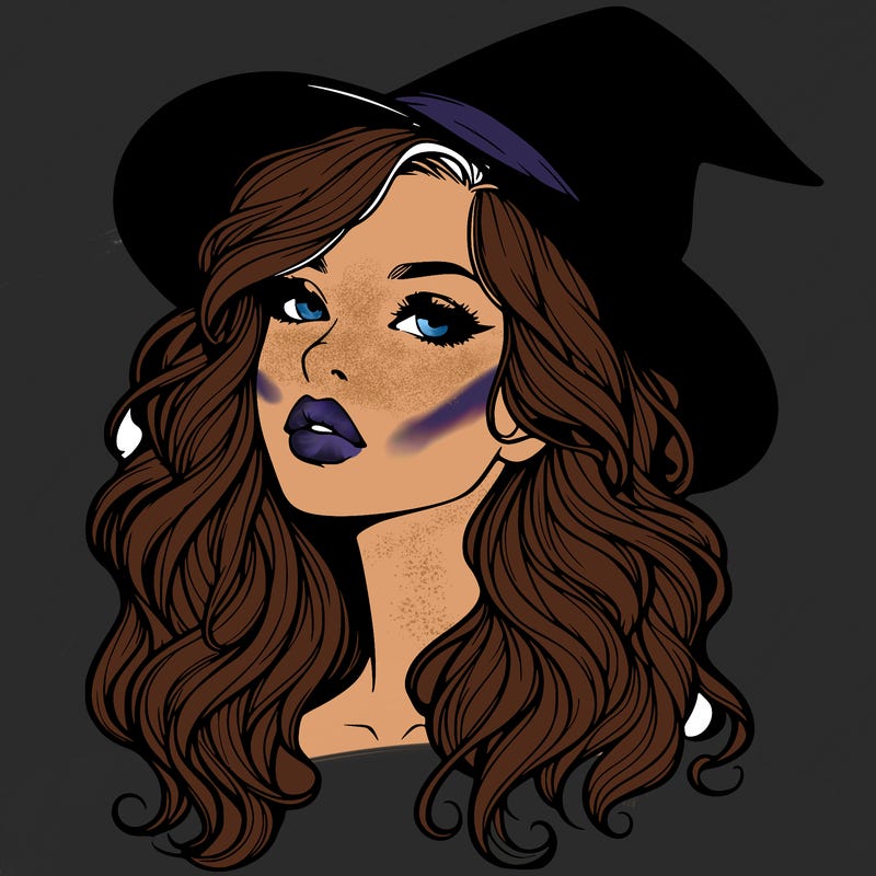 realistic witch girl with wavy hair and lips