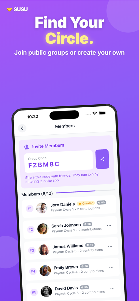 SUSU Circles - Mobile app interface of SUSU Circles displaying a list of group members with their payout cycles and a group invitation code.