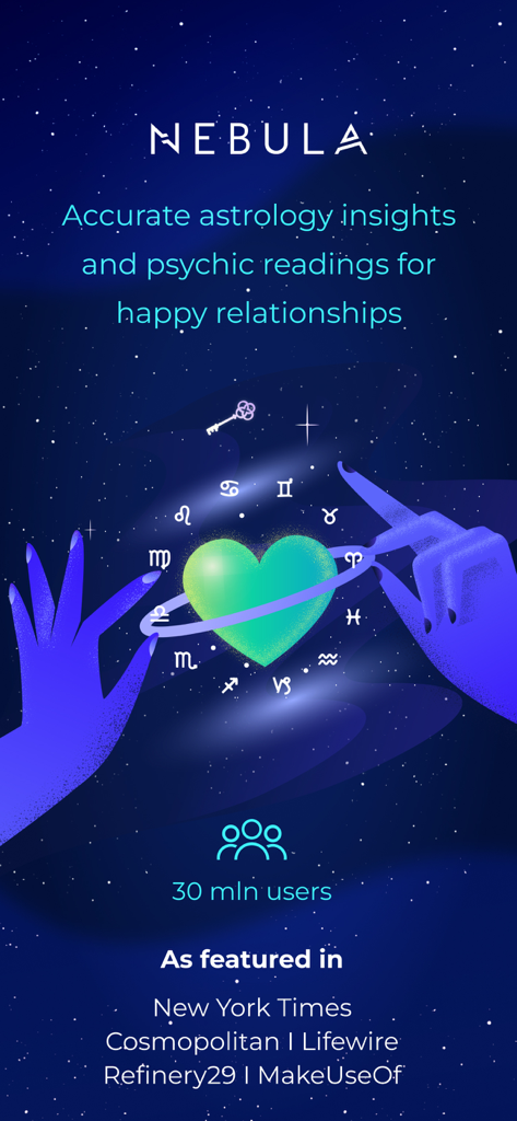 Nebula astrology app splash screen showing relationship insights and media features