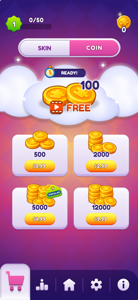 Menú de la tienda del juego Worde Flow que muestra paquetes de monedas y recompensas diarias gratuitas en una interfaz acogedora de color morado y rosa.