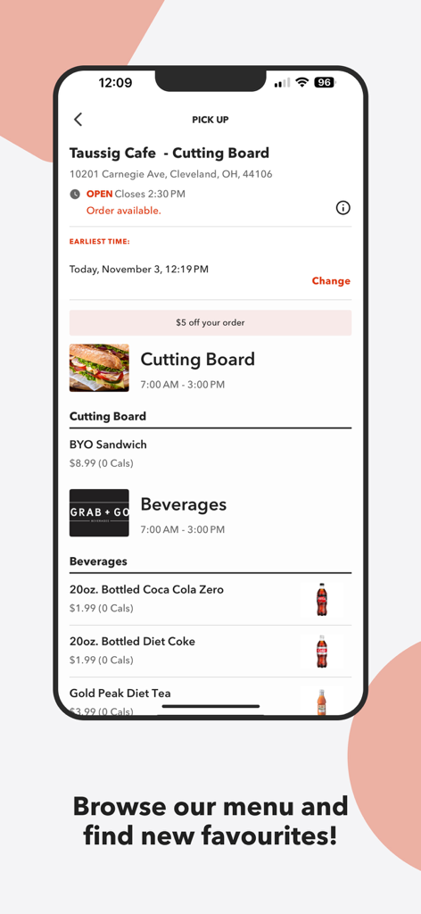 Instaeat - Instaeat mobile app menu screen showing cafe items and pickup details