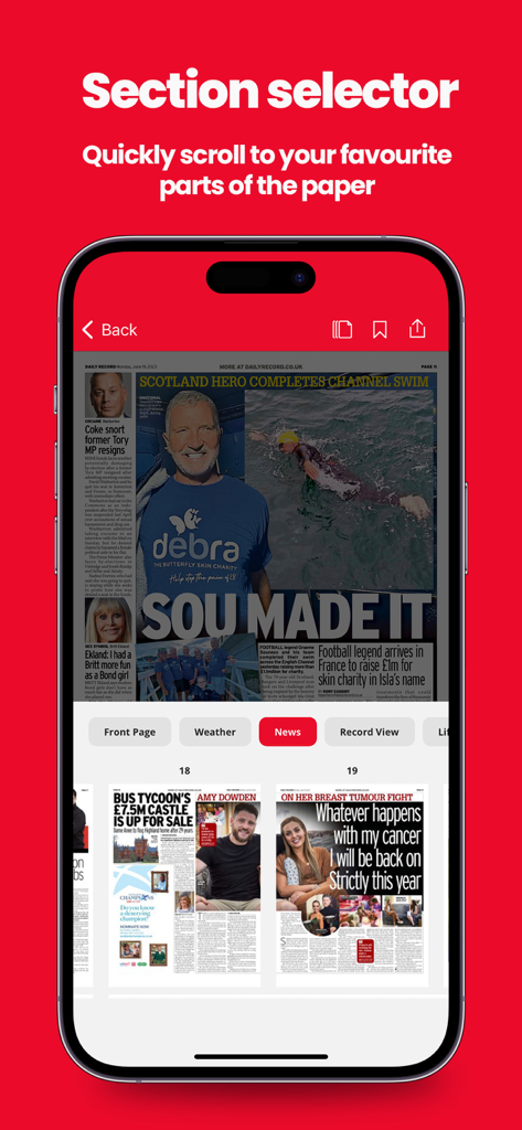 Daily Record app section selector with news categories and newspaper page thumbnails