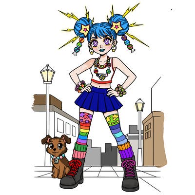 woman with candy jewelry and hair clips, two buns in her hair with spikes, layered tank tops, mini skirt, leggings, layered chunky socks, boots with laces, as she stands on city sidewalk