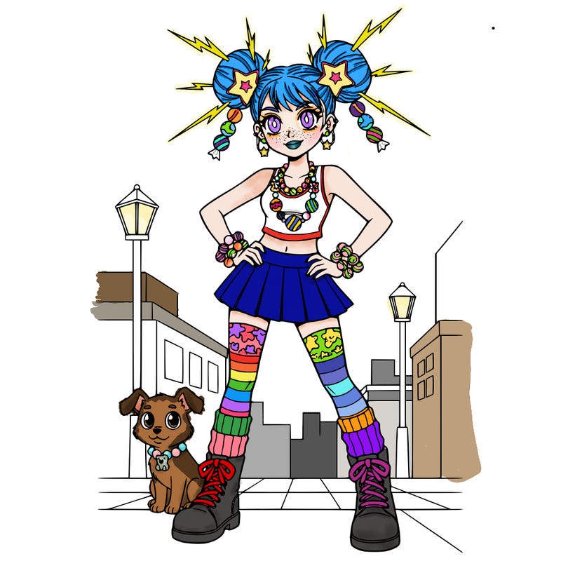 woman with candy jewelry and hair clips, two buns in her hair with spikes, layered tank tops, mini skirt, leggings, layered chunky socks, boots with laces, as she stands on city sidewalk