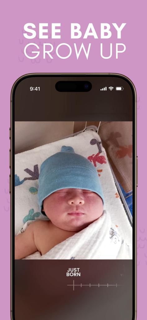 Precious - Baby Photo Art - Pantalla de smartphone que muestra una foto de un bebé recién nacido con una línea de tiempo de crecimiento en la aplicación Precious