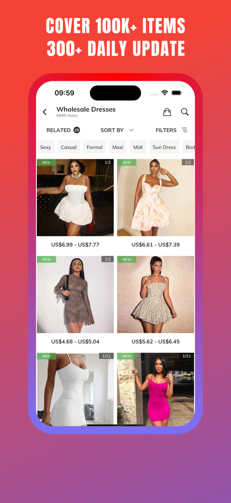 FashionTIY: Clothing Wholesale - FashionTIY app interface displaying wholesale dresses for small businesses