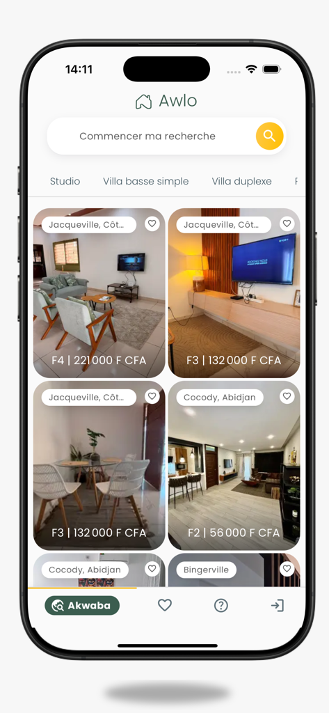 Awlo - Interface do aplicativo móvel Awlo exibindo listagens de aluguéis mobiliados na Costa do Marfim, incluindo apartamentos em Abidjan e Jacqueville