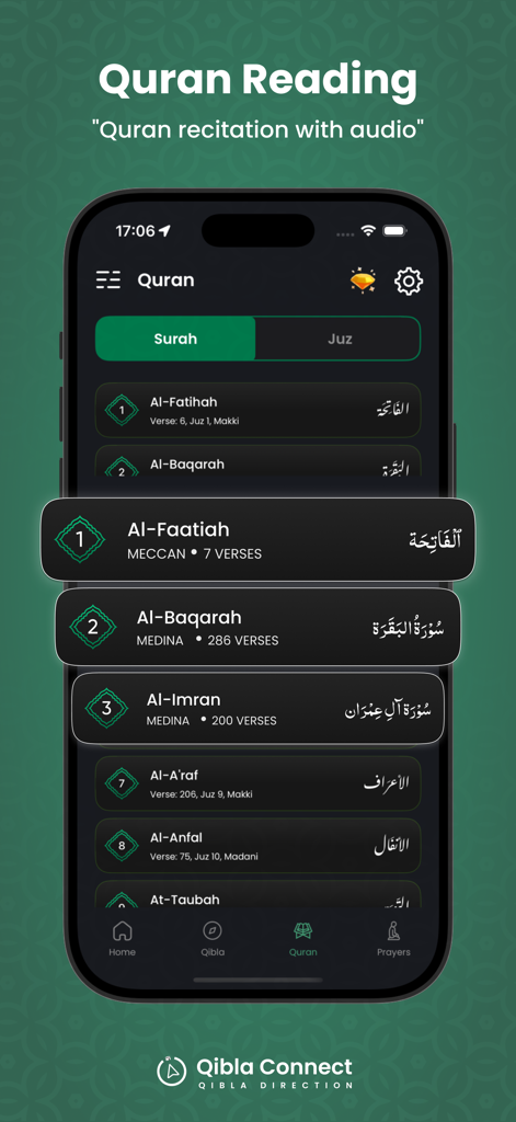 Qibla Connect® - Salah Times - Quran reading screen in the Qibla Connect app showing a list of Surahs with recitation options
