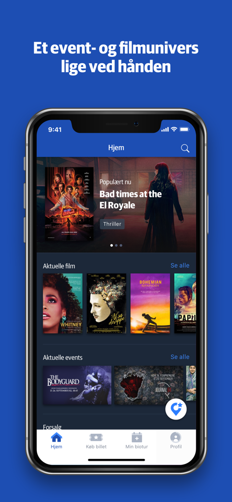 Nordisk Film Biografer - Home screen of the Nordisk Film Biografer app featuring movie posters and event listings