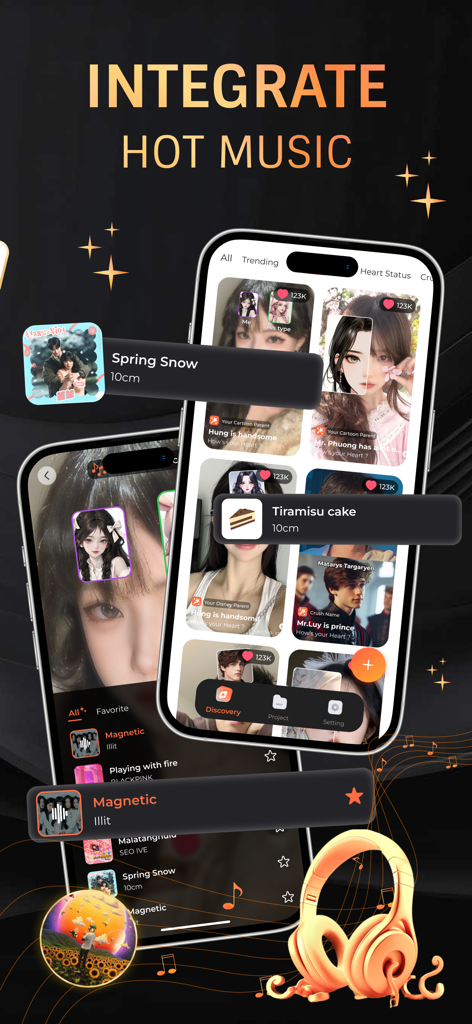 My Character: Cartoon Filter - Interface for adding trending music to cartoon filter videos in the My Character app