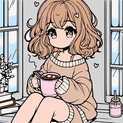cute anime girl reading book and drinking hot chocolate from mug with loose wavy hair wearing a baggy sweatshirt and shorts sitting by windowsill looking out