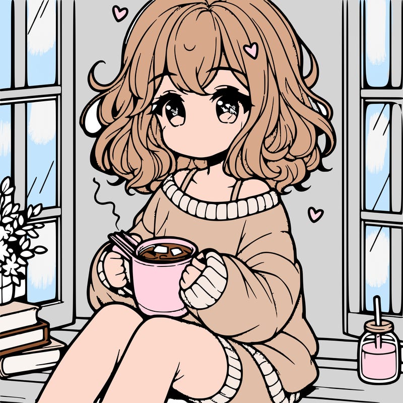 cute anime girl reading book and drinking hot chocolate from mug with loose wavy hair wearing a baggy sweatshirt and shorts sitting by windowsill looking out