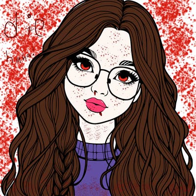 girl with long hair and freckles and glasses realistic