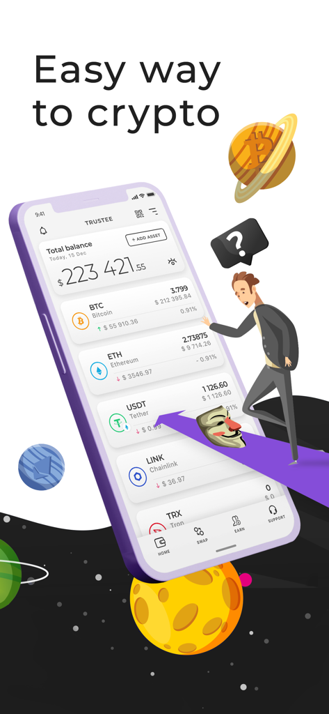 Trustee Wallet bitcoin wallet - Trustee Wallet mobile app interface showing a cryptocurrency portfolio with anonymity features