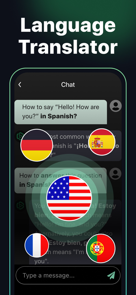 AI Chat − AI Chatbot Assistant - AI Chat app interface demonstrating the language translator feature with various national flags.