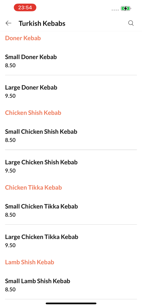 Pizza & Kebab House - Turkish kebab menu list with prices for doner and shish kebabs in the app.