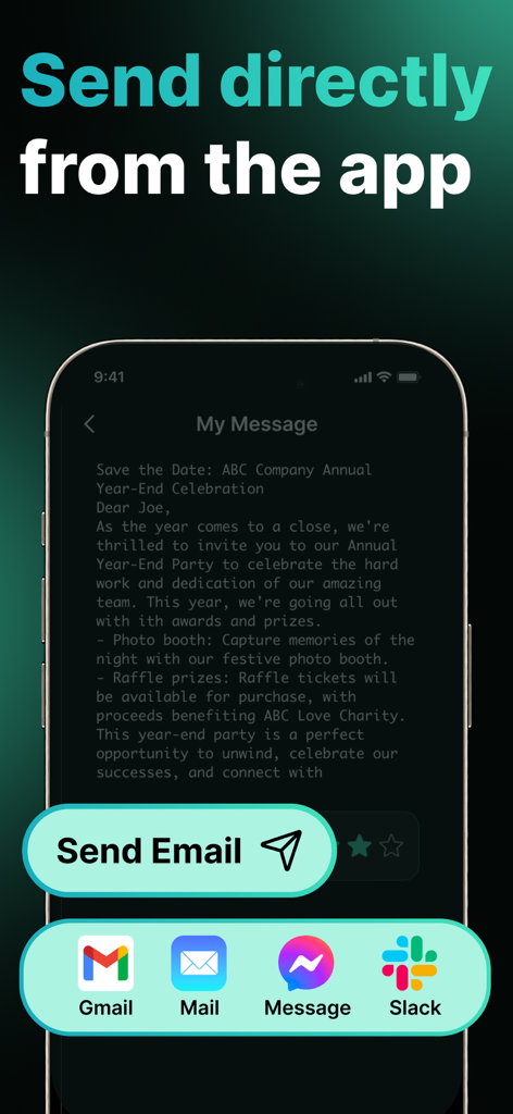 AI Email Writer - aiMail - Gmail、Slack、Messagesに直接送信するオプションを表示するaiMailのインターフェース。