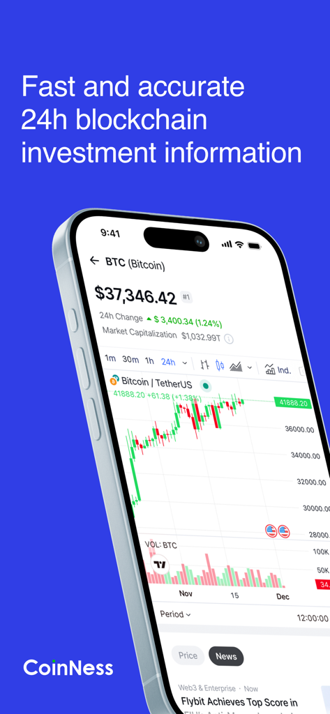 코인니스 모바일 앱 인터페이스는 스마트폰에서 비트코인 가격 캔들스틱 차트와 시장 데이터를 표시합니다.