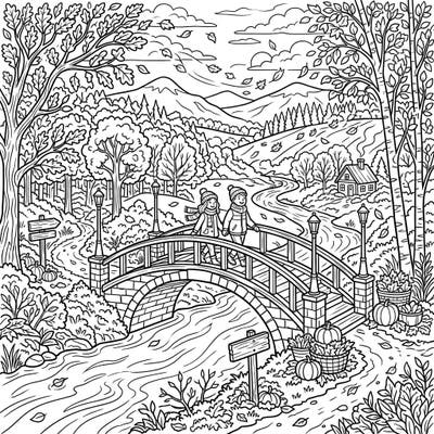 Capture the magic of fall with this charming coloring page, depicting two children enjoying a walk across a beautiful pedestrian bridge. Surrounded by classic autumn scenery, this illustration invites you to bring the season's warmth to life with your favorite colors.