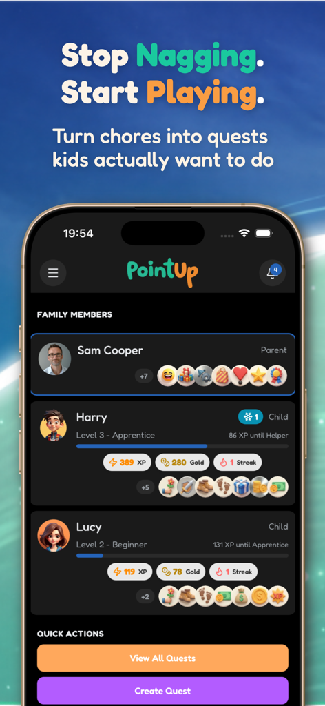 PointUp: Kids Chore Tracker - Interfaz de la aplicación PointUp de seguimiento de tareas que muestra perfiles de miembros de la familia con niveles de tareas y progreso de recompensas