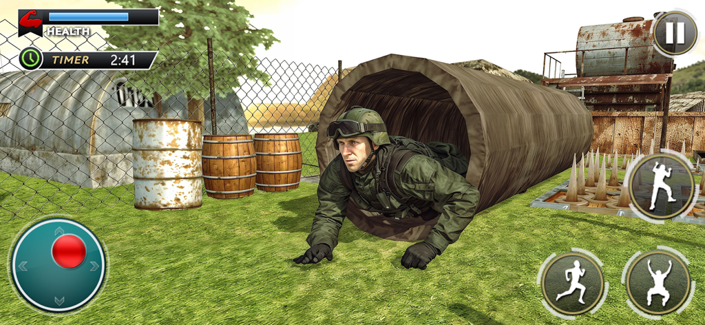 US Army Survival Training - A soldier in uniform crawling through a brown tunnel on an obstacle course in the US Army Survival Training game.