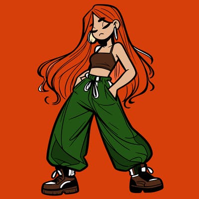 girl in baggy pants crop top and long hair