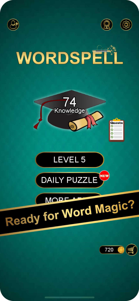 Menu principal de l'application Word Spell avec une icône de chapeau de diplômé représentant la connaissance et des boutons de sélection de niveau