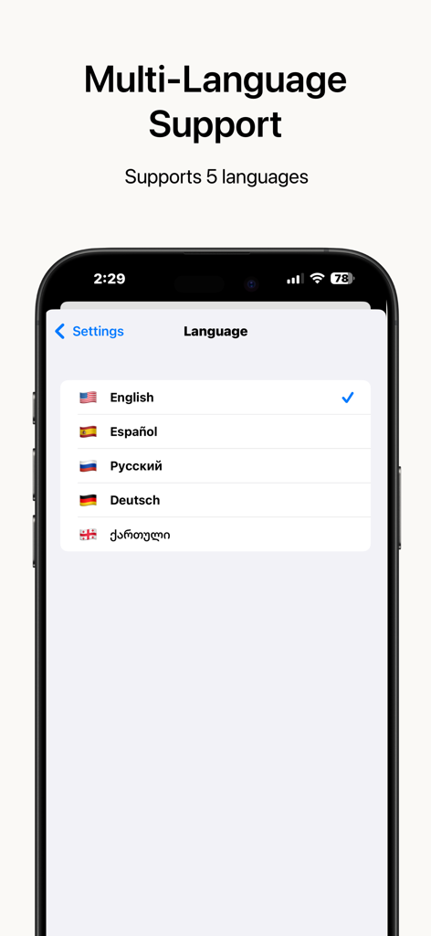 TimeZoner: World Clock - Schermata dell'iPhone dell'app TimeZoner che mostra le impostazioni di supporto multilingue con opzioni in inglese, spagnolo, russo, tedesco e georgiano