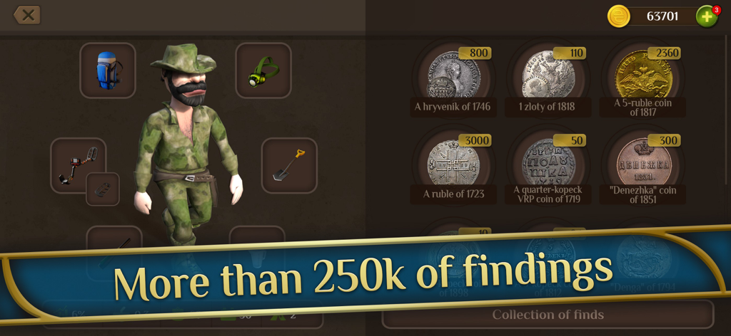 Oberfläche für die Charakterausrüstung und die Sammlung historischer Münzen in Treasure Hunter World