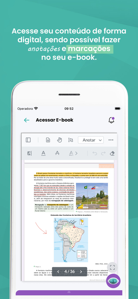 Meu Bernoulli 4.0 - Digital e-book interface with text highlighting and note taking tools in the Meu Bernoulli app