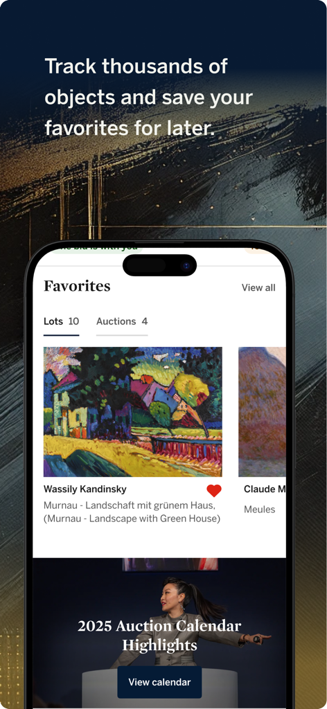 Sotheby's - 관심 있는 예술품 목록과 경매 캘린더 주요 사항을 보여주는 소더비 앱 인터페이스