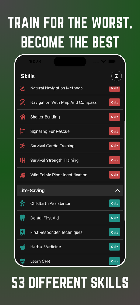 Preppr: Learn, Stock, Survive - Preppr app skills interface displaying survival training modules and quizzes