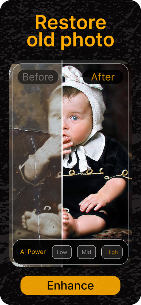 RetroFix - Old Picture Restore - Before and after comparison of a restored and colorized vintage baby photo using RetroFix AI