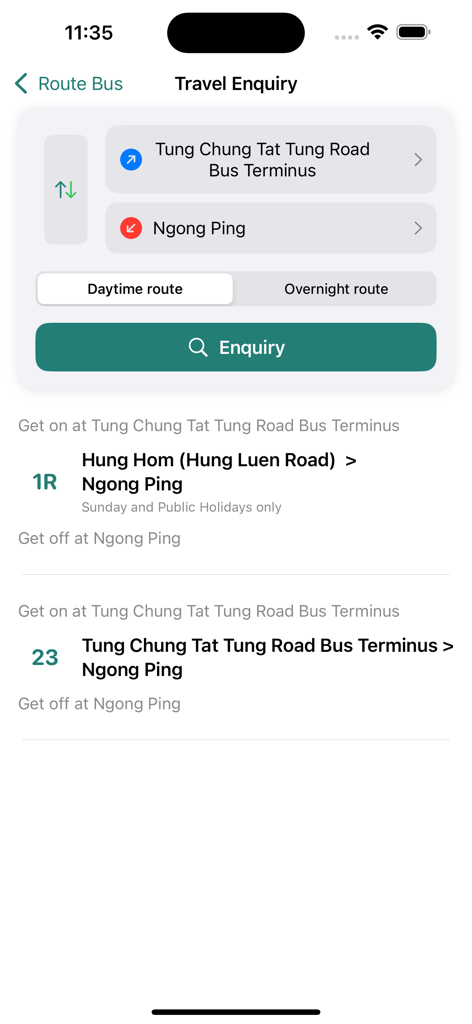 New Lantao Bus (NLB) - Travel enquiry screen of the New Lantao Bus app showing route search results from Tung Chung to Ngong Ping.