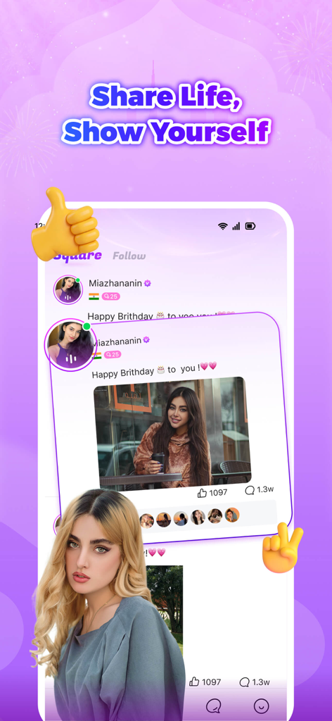 Yoki 앱 소셜 피드, Moment Square의 사용자 게시물 및 사진 표시