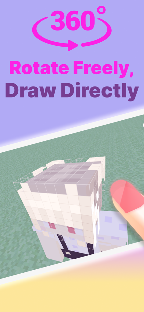 3D Skin Designer for Minecraft - A user painting a 3D Minecraft character skin directly on the model using a mobile interface with 360 degree rotation.